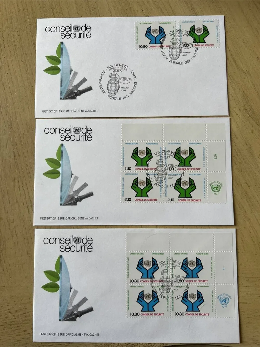 FDC 1977 (3)GENEVA UNITED NATIONS 1.10 STAMP CONSEIL DE SECURITE FIRST DAY COVER